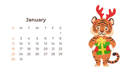 Cute cartoon tiger January 2022 calendar horizontal template.