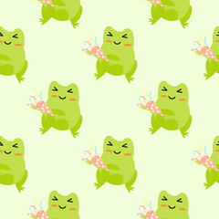 Obraz premium Cute cartoon frogs with party popper with serpantin. Enamored green toads. Vector animal characters seamless pattern of amphibian toad drawing.Childish design for baby clothes, bedding, textiles.