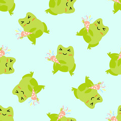 Cute cartoon frogs with party popper with serpantin. Enamored green toads. Vector animal characters seamless pattern of amphibian toad drawing.Childish design for baby clothes, bedding, textiles.