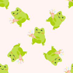 Obraz premium Cute cartoon frogs with party popper with serpantin. Enamored green toads. Vector animal characters seamless pattern of amphibian toad drawing.Childish design for baby clothes, bedding, textiles.
