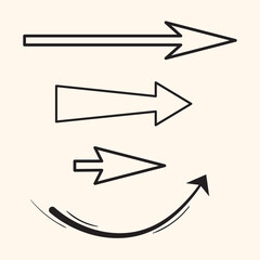 Sketch illustration of various arrows. Black line doodle of direction pointer. Isolated vector elements