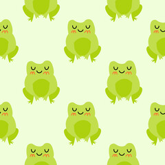 Cute smiling frogs with pink cheeks. Enamored green toads. Vector animal characters seamless pattern of amphibian toad drawing.Childish design for baby clothes, bedding, textiles, print, wallpaper.