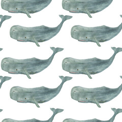 Watercolor painting seamless pattern with sperm whales