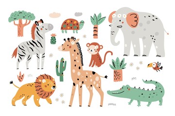 Cute baby animals. Funny safari fauna. Elephant and zebra. Childish style monkey and giraffe. Nursery decor. African savannah creatures and trees. Vector cartoon wildlife elements set