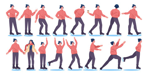 Man wearing ice skates. Ice skating character in different poses. Winter outdoor