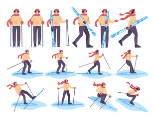Fototapeta na wymiar Man wearing and holding skis. Skiing male character dressed in outerwear