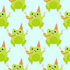 Cute cartoon frogs with party popper with serpantin. Enamored green toads. Vector animal characters seamless pattern of amphibian toad drawing.Childish design for baby clothes, bedding, textiles.