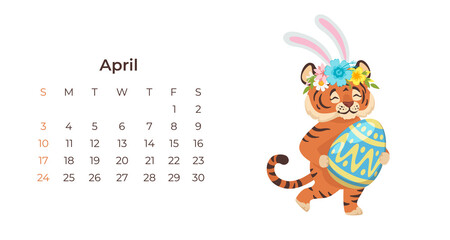 Cute cartoon tiger April 2022 calendar horizontal template.