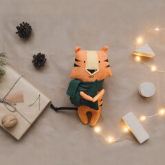 Christmas composition with a tiger toy, symbol of new 2022, a gift and decorations. Christmas, winter, new year concept. Flat lay, top view