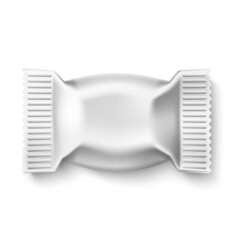 Candy wrapper. Realistic cocoa sweet white empty paper mockup, plastic packaging for chocolate snack, sugar food delicious product. Blank foil sachet for marketing branding. Vector object