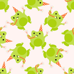 Cute cartoon frogs with party popper with serpantin. Enamored green toads. Vector animal characters seamless pattern of amphibian toad drawing.Childish design for baby clothes, bedding, textiles.
