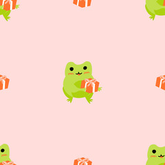 Cute cartoon frogs with gift box. Enamored green toads. Vector animal characters seamless pattern of amphibian toad drawing.Childish design for baby clothes, bedding, textiles, print, wallpaper.