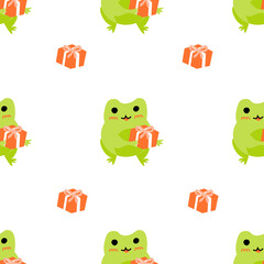 Cute cartoon frogs with gift box. Enamored green toads. Vector animal characters seamless pattern of amphibian toad drawing.Childish design for baby clothes, bedding, textiles, print, wallpaper.