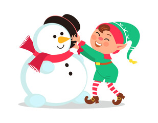 Christmas elf. Cartoon funny magical creature, little helper of Santa Claus with snowman, christmas gnome, outdoors winter games, happy dwarf holidays celebration vector isolated illustration