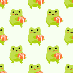 Obraz premium Cute cartoon frogs with gift box. Enamored green toads. Vector animal characters seamless pattern of amphibian toad drawing.Childish design for baby clothes, bedding, textiles, print, wallpaper.