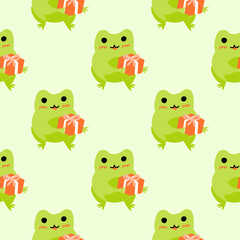 Cute cartoon frogs with gift box. Enamored green toads. Vector animal characters seamless pattern of amphibian toad drawing.Childish design for baby clothes, bedding, textiles, print, wallpaper.