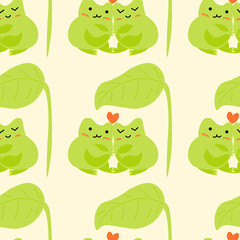Cute cartoon frogs with hearts. Enamored green toads. Vector animal characters seamless pattern of amphibian toad drawing.Childish design for baby clothes, bedding, textiles, print, wallpaper.
