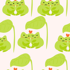 Obraz premium Cute cartoon frogs with hearts. Enamored green toads. Vector animal characters seamless pattern of amphibian toad drawing.Childish design for baby clothes, bedding, textiles, print, wallpaper.