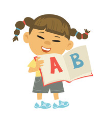 School kid. Back to school. Happy girl hold abc book, pupil with student educational supplies, young funny character, child getting knowledge, vector cartoon flat isolated illustration