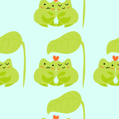Cute cartoon frogs with hearts. Enamored green toads. Vector animal characters seamless pattern of amphibian toad drawing.Childish design for baby clothes, bedding, textiles, print, wallpaper.