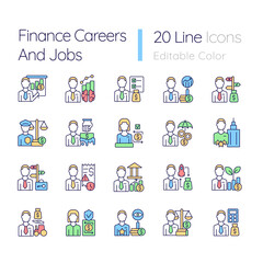 Finance careers and jobs RGB color icons set. Management and accounting specialists. Business field employees. Isolated vector illustrations. Simple filled line drawings collection. Editable stroke