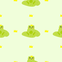 Cute prince frog with crown. Enamored green toads. Vector animal characters seamless pattern of amphibian toad drawing.Childish design for baby clothes, bedding, textiles, print, wallpaper.