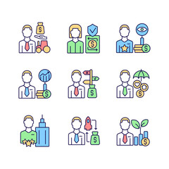 Finance jobs RGB color icons set. Investment specialists. Financial safety specialists. High level executives. Isolated vector illustrations. Simple filled line drawings collection. Editable stroke