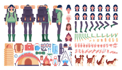 Winter female hiker set. Mountain traveler constructor, climbing and winter