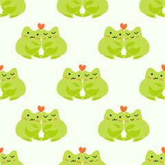 Cute cartoon frogs with hearts. Enamored green toads. Vector animal characters seamless pattern of amphibian toad drawing.Childish design for baby clothes, bedding, textiles, print, wallpaper.