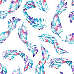 Multi-colored feathers. Seamless pattern. Watercolor