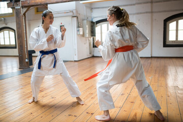 Sporty young women at karate training session. Attractive women in white clothes with blue and red belts standing in combative positions, looking at each other. Sport, healthy lifestyle concept © KAMPUS