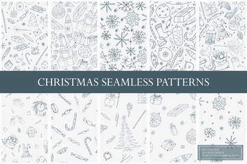 Collection of hand drawn christmas seamless patterns. Vector repeatable holiday backgrounds in doodle style. You can find endless design in swatches panel