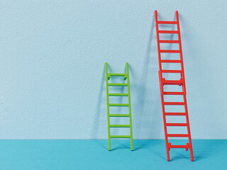 Two different height ladders. Plastic toy smaller and bigger ladder on blue background. Inequality...