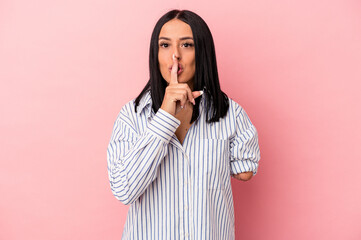 Young caucasian woman with one arm isolated on pink background keeping a secret or asking for silence.