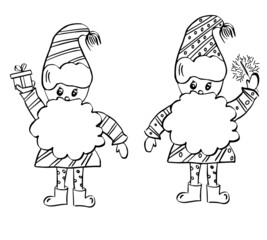 Set of cute christmas man gnomes. Collection of holidays wizards or enchanter with gifts.