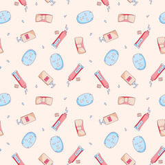 Skin care seamless pattern with hand drawn mask sheet, headband and cosmetic tubes and bottles. Vector endless beauty texture