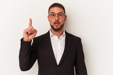 Young business caucasian man isolated on white background having an idea, inspiration concept.