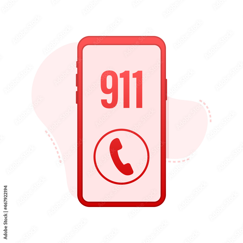 Canvas Prints 911 smartphone in flat style. Call icon vector. Hand holding smartphone. First aid. Finger touch screen. Vector stock illustration.