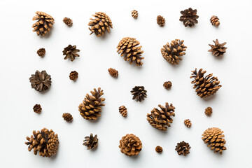 pine cones on colored table. natural holiday background with pinecones grouped together. Flat lay. Winter concept