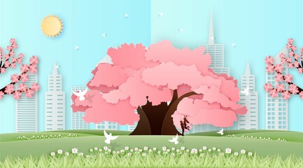 sakura tree with japan cityscape scenery paper cut illustration editable eps cc © Axelzonecreative