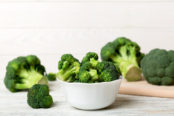 broccoli of fresh green broccoli in bowl over coloredbackground. , close up. Fresh vegetable