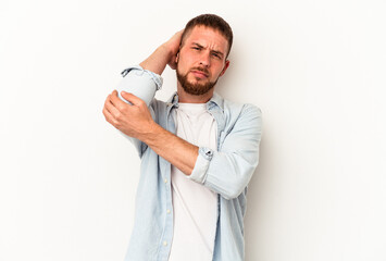 Young caucasian man with diastema isolated on white background having a neck pain due to stress, massaging and touching it with hand.