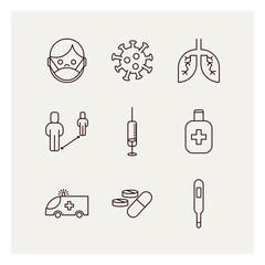 Set of vector icons on the theme of coronavirus, self-isolation and pandemic