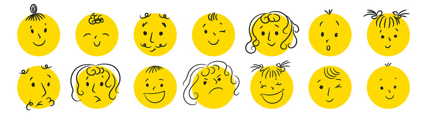 Happy Doodle Smile Collection Isolated on White Background. Simple Faces. Cute Icon Set.