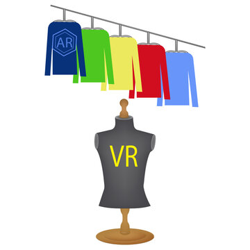Sweaters on a hanging hanger, tailor's floor mannequin - vector Additional reality. Modern technologies. Internet business project. Sale
