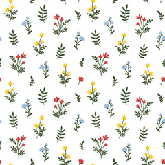 Floral Seamless Pattern. Small multicolor Meadow Flower. Tiny Wildflower with leaves. Ditsy style motif, template, texture. Vector background for fashion, nursery print, textile, wrapping, gift paper
