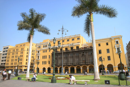 Street Scene of Plaza Mayor Square with Group of Impressive Colonial Buildings, Lima, Peru, South America