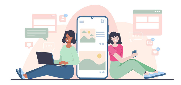 People with smartphone. Two girls communicate through mobile phone. Concept of Internet, addiction to gadgets, modern technologies. Social networks, chatting. Cartoon flat vector illustration
