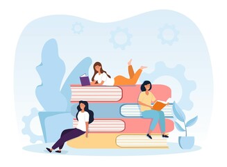 Concept of reading girls. Girlfriends sitting on books. Literature, library, education. Employees improve their skills, knowledge. Read more, information, poem. Cartoon flat vector illustration