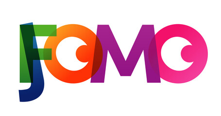 JOMO FOMO word vector illustration. Joy Fear Of Missing Out. Colored rainbow text. Vector banner. Corporate concept. Gradient Text. Transparency Letters. Vector illustration